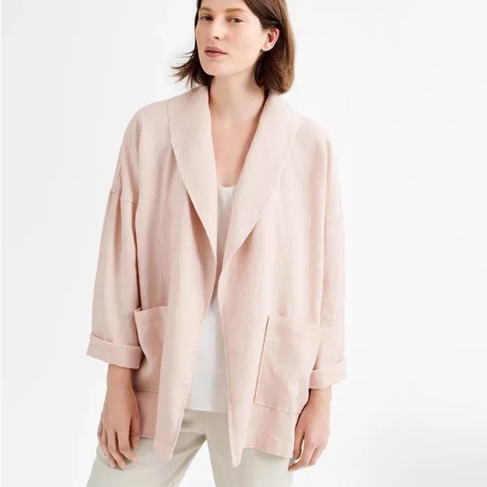 Eileen Fisher Organic Linen Blush Pink Shawl Collar Open Front Jacket Blazer S